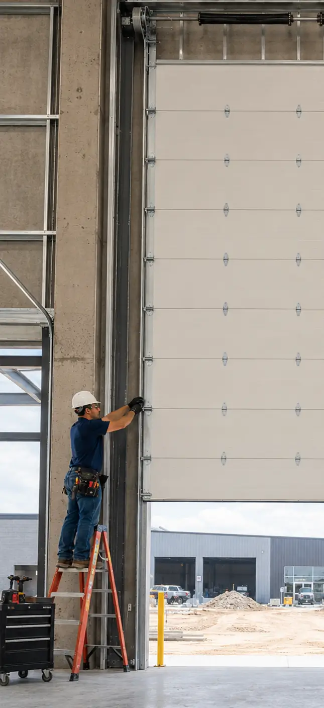Commercial technicians installing a sectional garage door