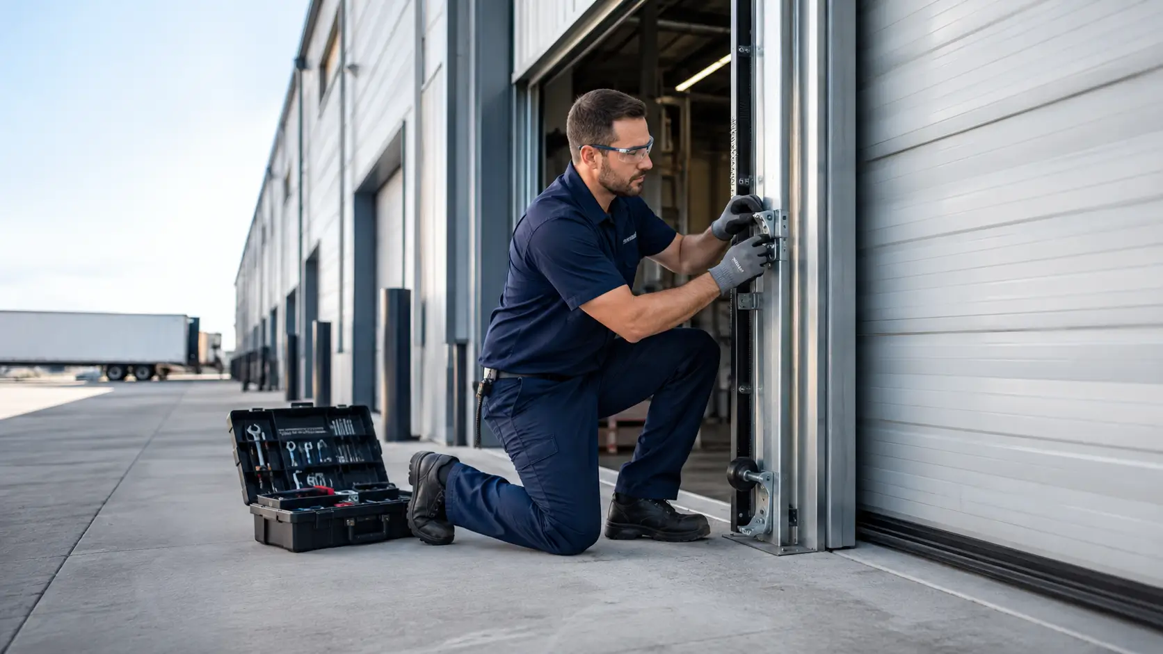 Commercial overhead garage door repair at an Indiana business facility