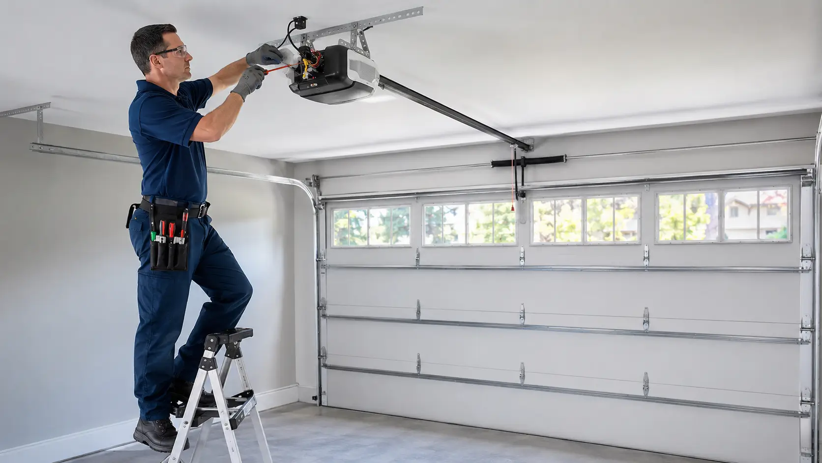 Technician repairing a ceiling-mounted garage door opener in Plainfield Indiana
