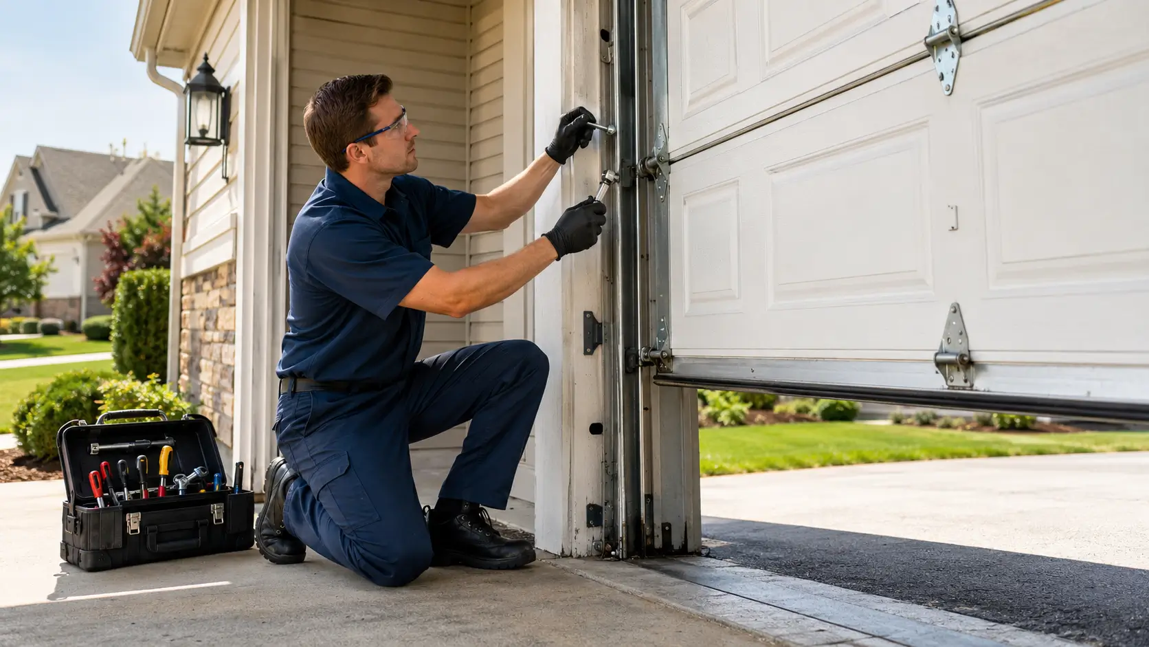 Professional technician completing garage door repair in Plainfield Indiana