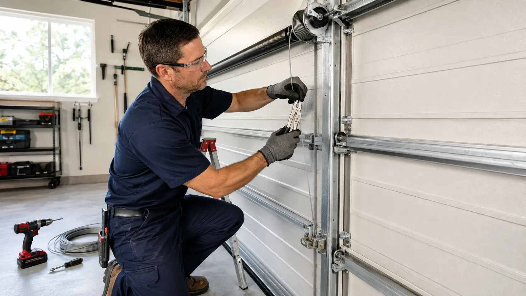 technician replacing a high-stress garage door lifting cable