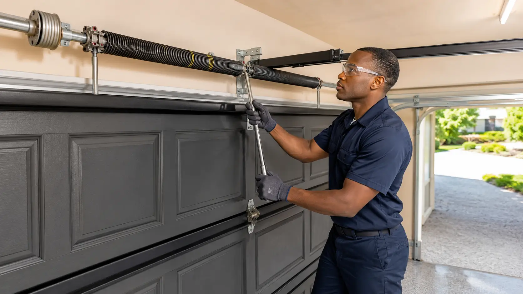 Technician completing high-tension garage door spring replacement in Plainfield Indiana